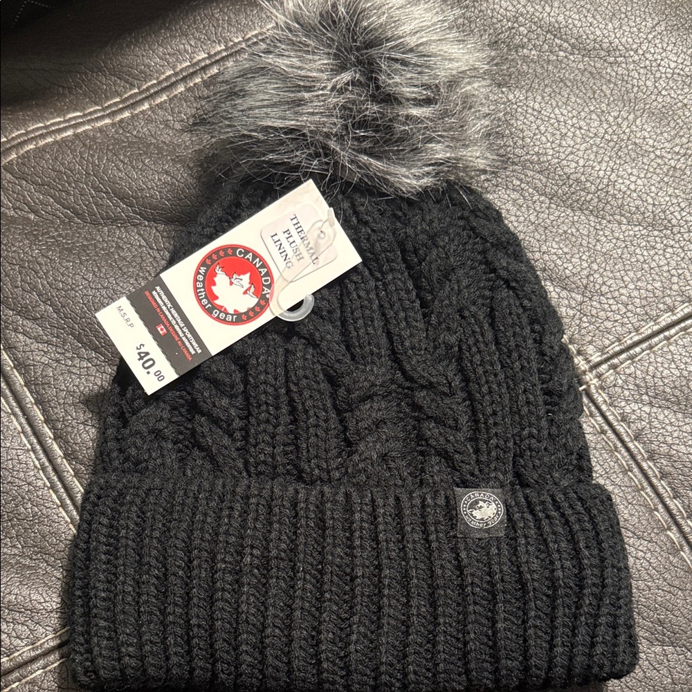Canadaweather gear Black Cable Knit Beanie with Pom